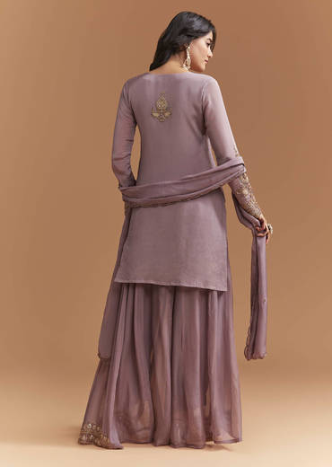 Purple Chinon Palazzo Suit With Moti And Cutdana Embroidery