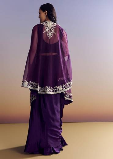 Purple Crepe Crop Top Skirt Set With Embroidered Cape