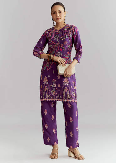 Purple Crepe Printed Co Ord Set With Sequins And Beads Work