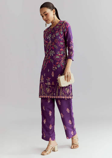 Purple Crepe Printed Co Ord Set With Sequins And Beads Work