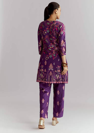 Purple Crepe Printed Co Ord Set With Sequins And Beads Work