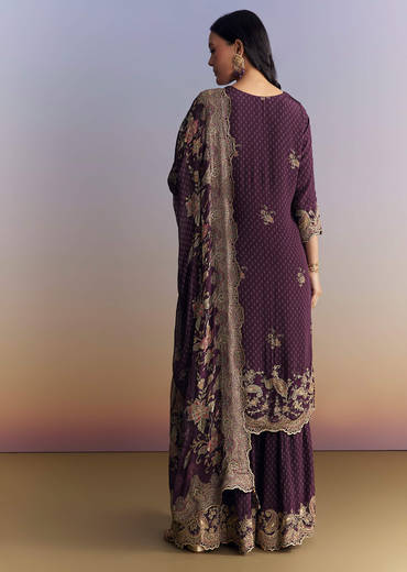 Purple Crepe Sharara Suit With Indie Print And Zari Work