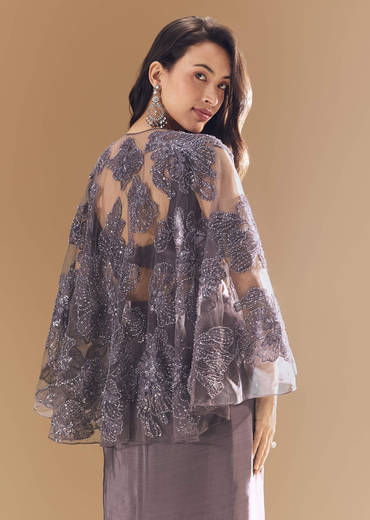 Purple Cutdana Embellished Crop Top Skirt Set with Cape