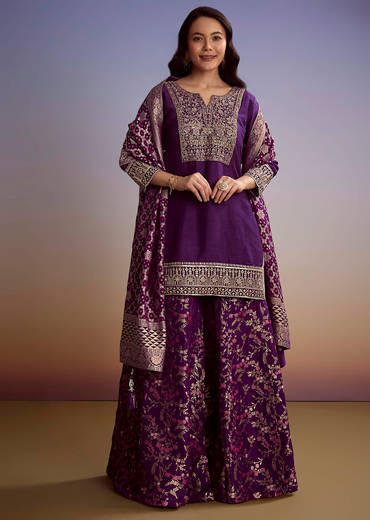 Purple Dola Silk Palazzo Suit With Heavy Embroidery