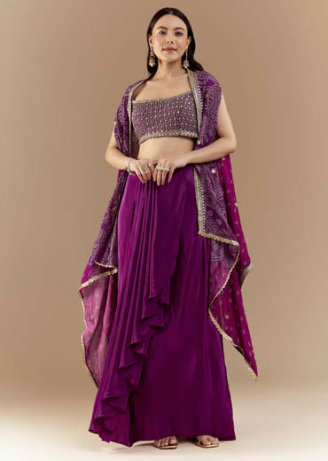 Purple Fusion Crop Top Skirt Set with Bandhani Cape