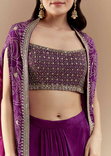 Purple Fusion Crop Top Skirt Set with Bandhani Cape