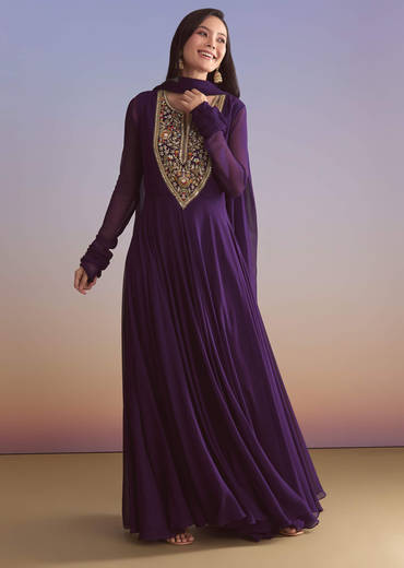 Purple Georgette Anarkali Suit With Sequins And Resham Embroidery