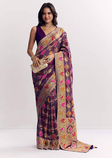 Purple Georgette Bandhani Saree With Animal Motifs And Gota Border