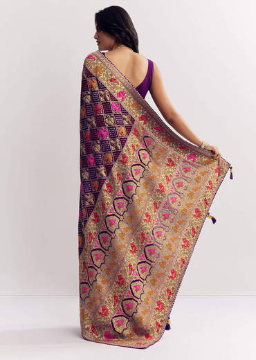 Purple Georgette Bandhani Saree With Animal Motifs And Gota Border