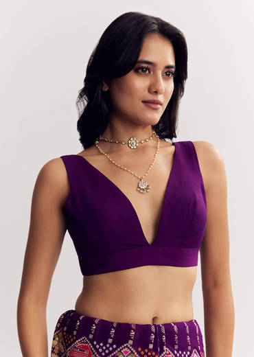 Purple Georgette Bandhani Saree With Animal Motifs And Gota Border