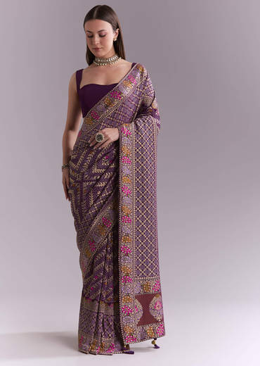 Purple Georgette Saree With Heavy Zari Work And Brocade Border