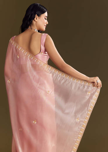 Purple Glass Tissue Saree With Cutdana And Beads Scallop Border