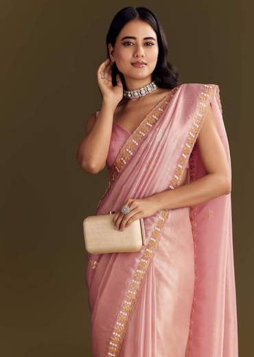 Purple Glass Tissue Saree With Cutdana And Beads Scallop Border