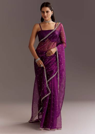 Purple Glass Tissue Saree With Cutdana And Sequins Scallop Border