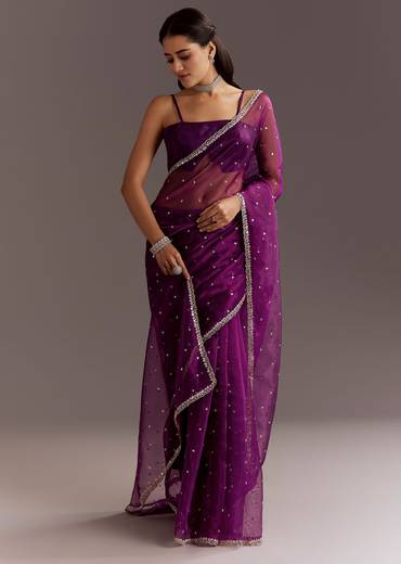 Purple Glass Tissue Saree With Cutdana And Sequins Scallop Border