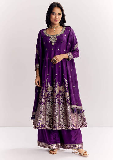 Purple Jacquard Silk Anarkali Dupatta Suit With Traditional Weave
