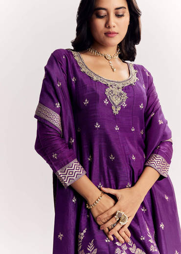 Purple Jacquard Silk Anarkali Dupatta Suit With Traditional Weave