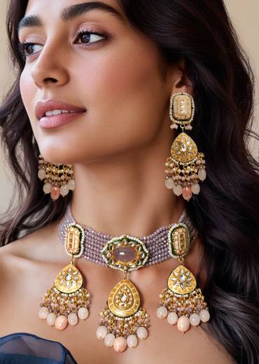 Purple Kundan Layered Necklace And Earring Sets