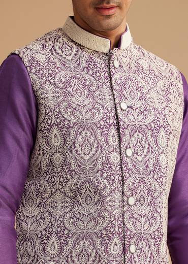 Purple Kurta Jacket Set With Resham Embroidery And Handworked Collar