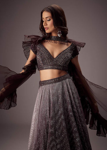 Purple Lehenga Set With Choker Style Dupatta And Flared Organza Skirt