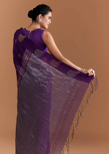 Purple Linen Woven Saree With Brocade And Zari Work