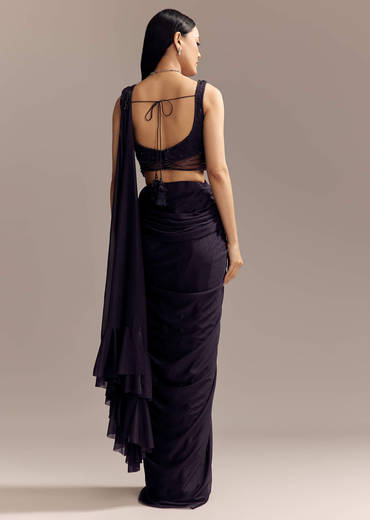 Purple Lycra Ready Pleated Saree With Embroidery And Matching Blouse