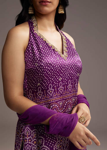 Purple Modal Satin Palazzo Suit With Bandhani Print