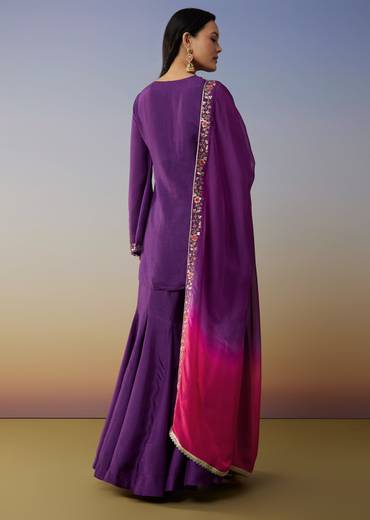Purple Ombre Satin Palazzo Suits with Zardosi Sequins Work
