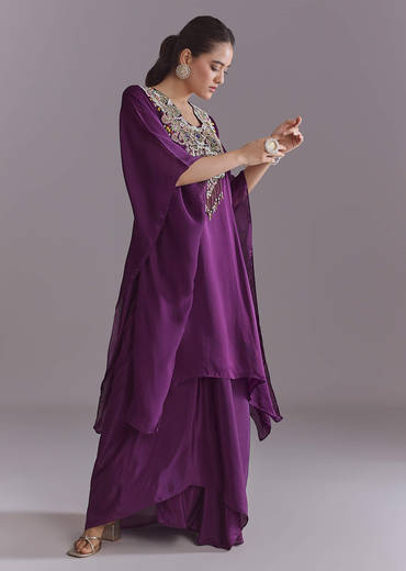 Purple Organza Kaftan Top And Drape Skirt Set With Thread Work