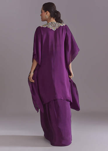 Purple Organza Kaftan Top And Drape Skirt Set With Thread Work