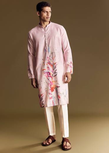 Purple Printed Linen Kurta Set With Mandarin Collar