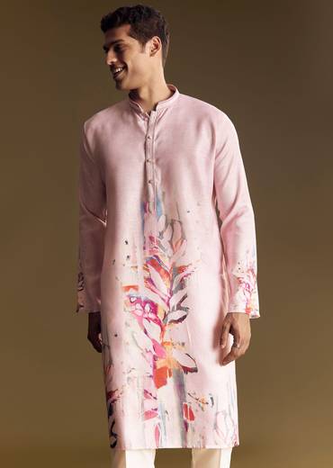 Purple Printed Linen Kurta Set With Mandarin Collar