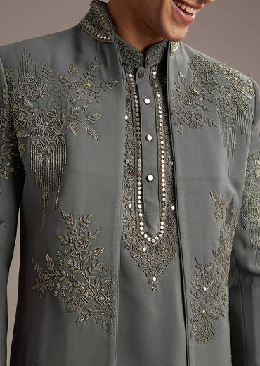 Purple Rayon Indo Western Set For Men With Heavy Hand Embroidery