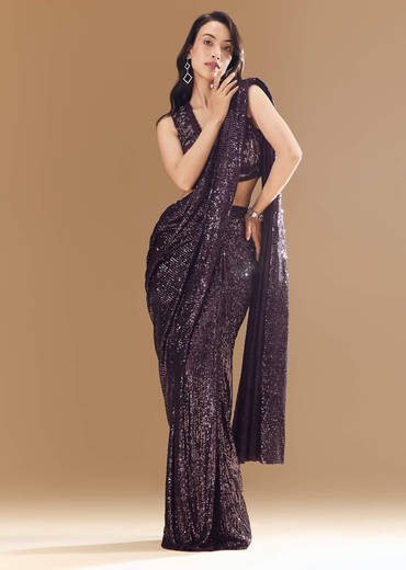 Purple Ready Pleated Shimmer Net Saree with Blouse