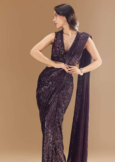 Purple Ready Pleated Shimmer Net Saree with Blouse
