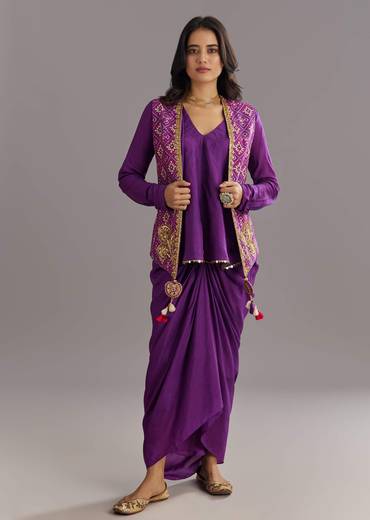 Purple Russian Silk Jacket Set With Zardosi Border and Fancy Pleated Skirt