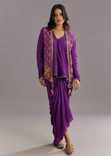Purple Russian Silk Jacket Set With Zardosi Border and Fancy Pleated Skirt