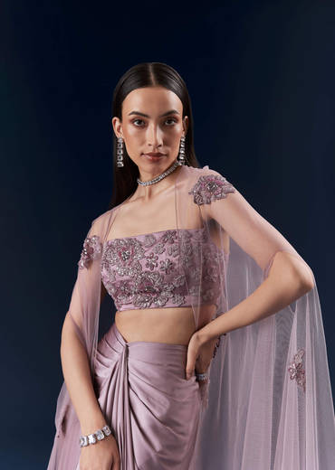 Purple Satin Crop Top And Drape Skirt Set With Lace Work