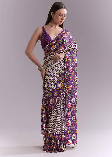 Purple Satin Saree With Ikat Print And Nature Motifs