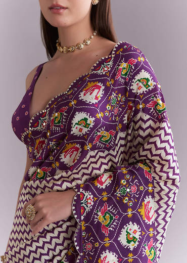 Purple Satin Saree With Ikat Print And Nature Motifs