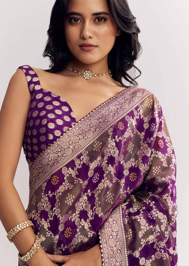 Purple Shaded Georgette Saree With Zari Jaal Work