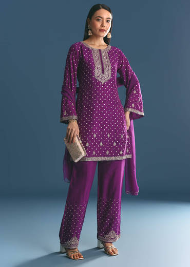 Purple Silk Embroidered Kurta Set With Dupatta