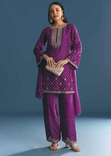 Purple Silk Embroidered Kurta Set With Dupatta