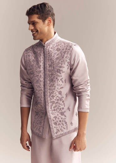 Purple Silk Kurta Jacket Set For Men With Heavy Embroidery