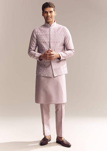 Purple Silk Kurta Jacket Set For Men With Mirror Embroidery