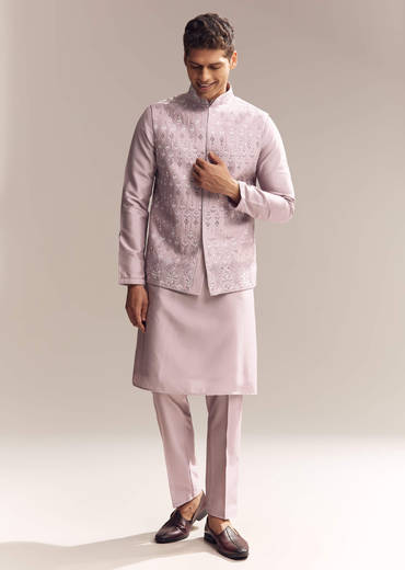Purple Silk Kurta Jacket Set For Men With Mirror Embroidery