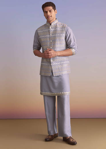 Purple Silk Kurta Jacket Set For Men With Mirror Zari And Resham Work