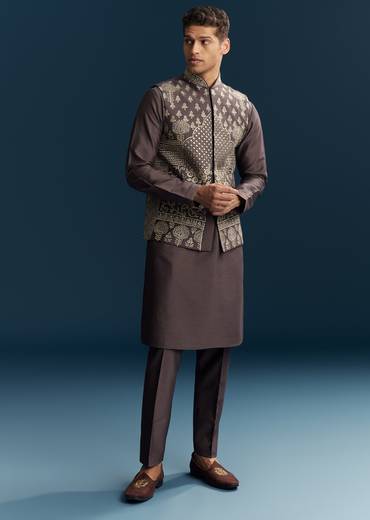 Purple Silk Kurta Jacket Set With Thread Detail Work