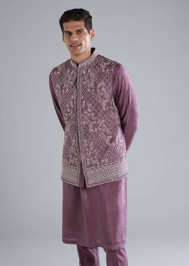Purple Silk Kurta Jacket Set With Zari Mirror Work