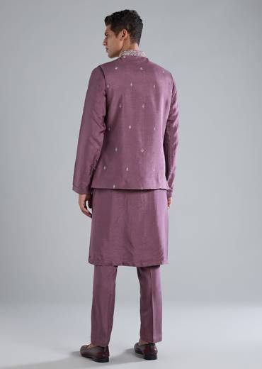 Purple Silk Kurta Jacket Set With Zari Mirror Work
